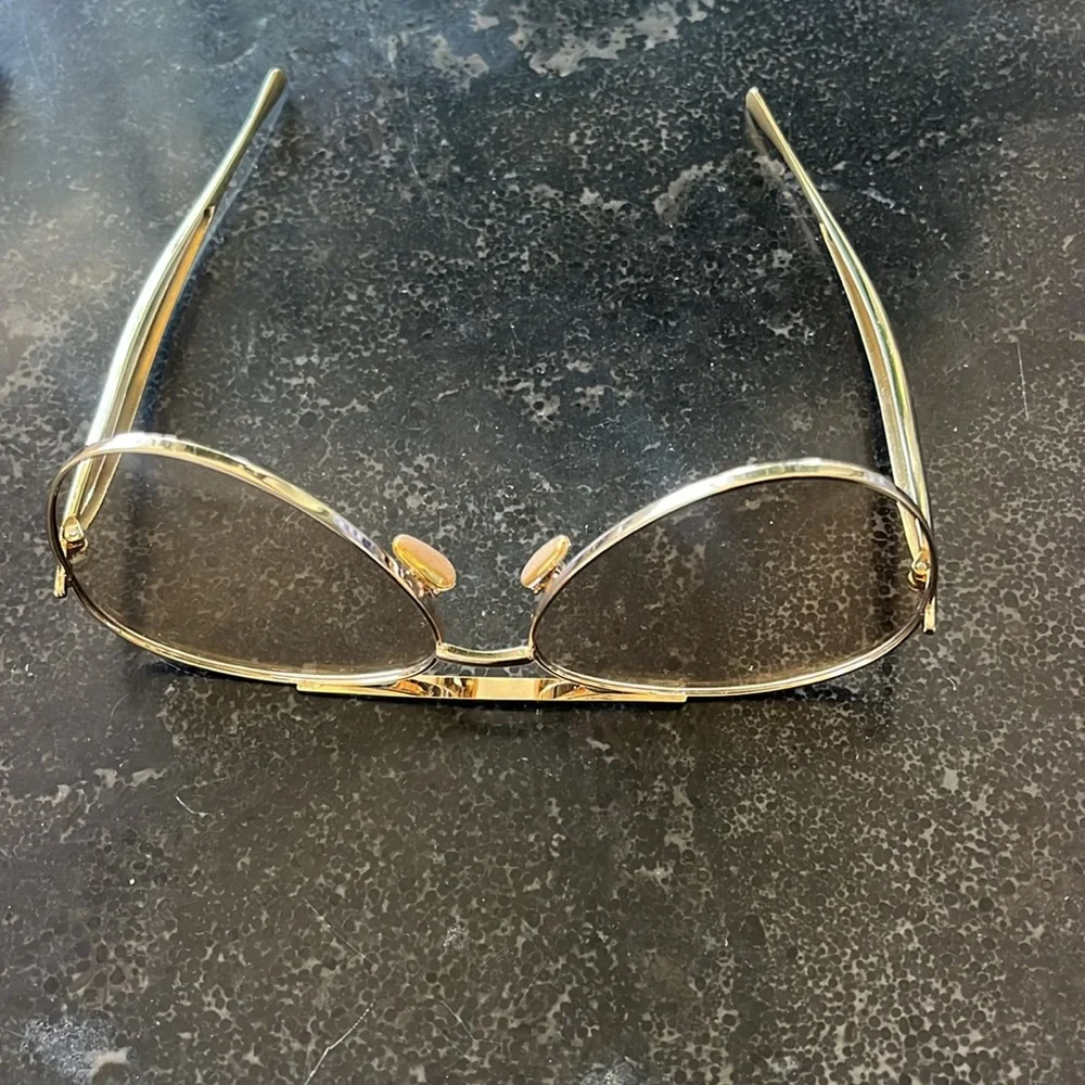 New gold, large frame aviator statement, glasses, slightly tinted with case